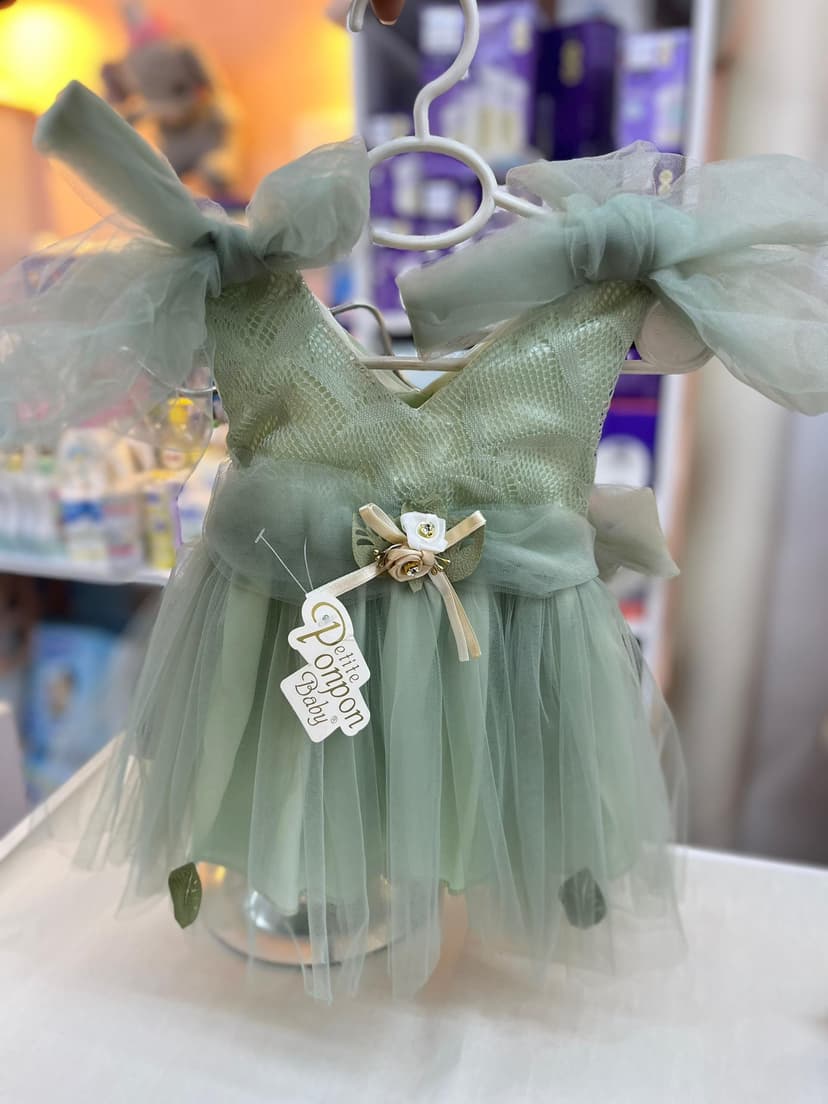 فستان زيتي ببيون 0-3 شهور