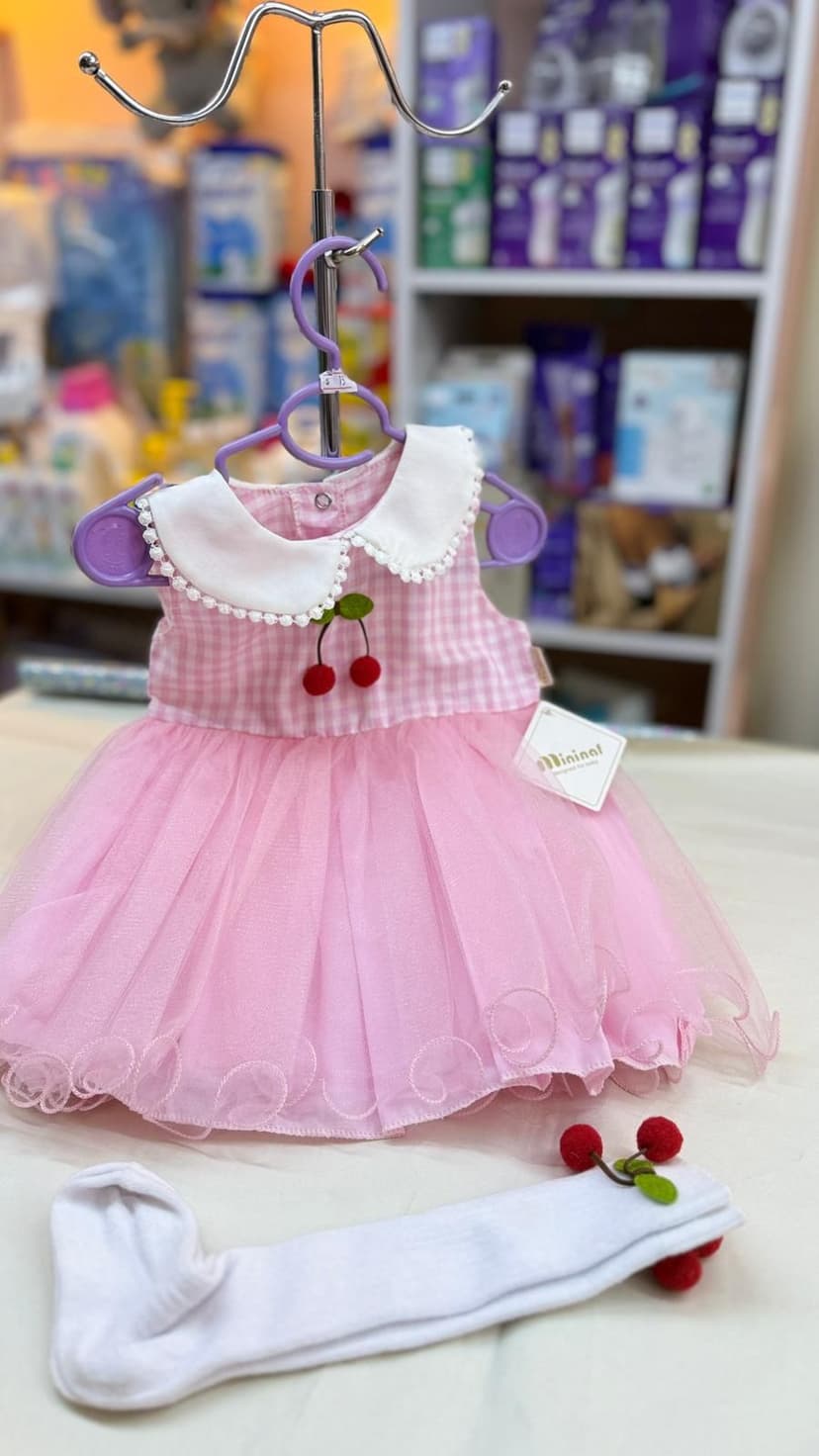 فستان بينك نفش مع كولون كرزة 6-9شهور