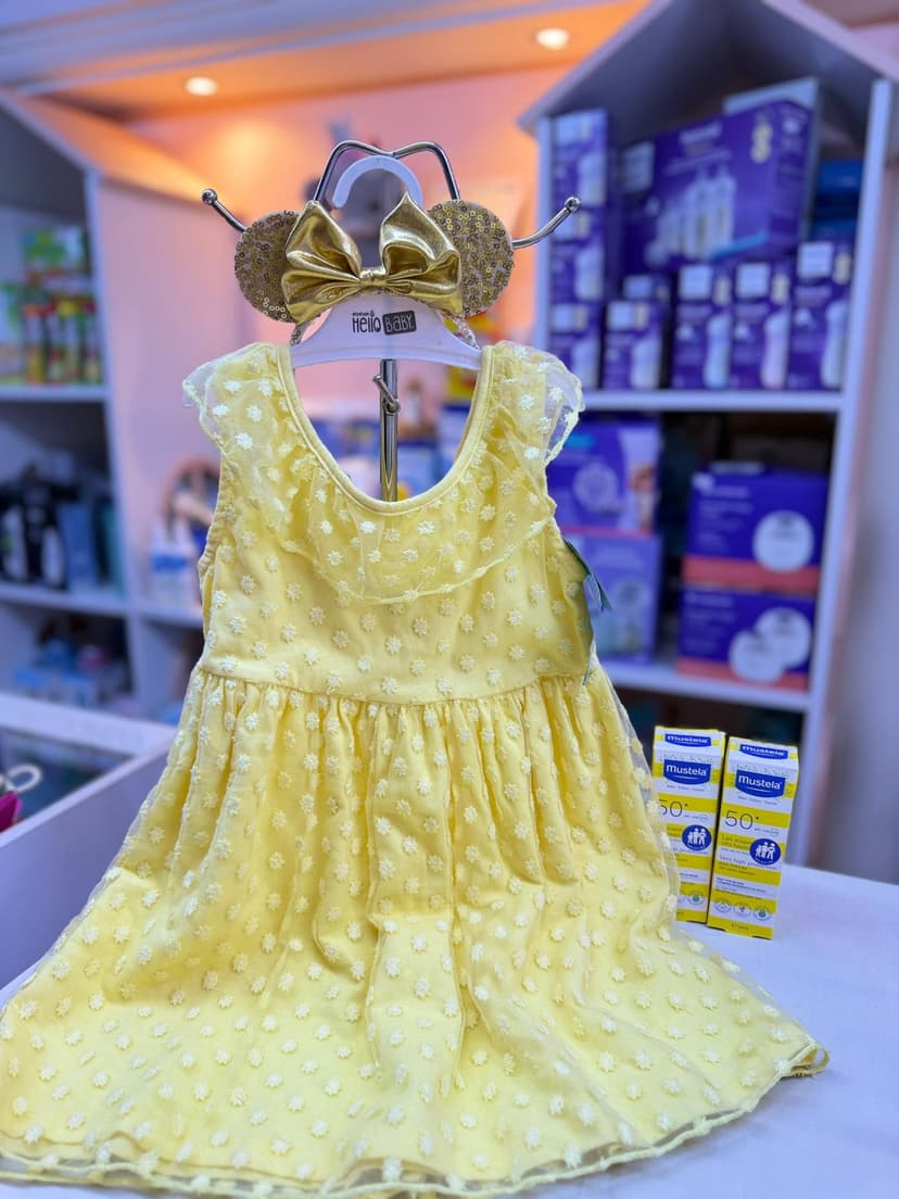 فستان اصفر وردات تول 3-4سنين