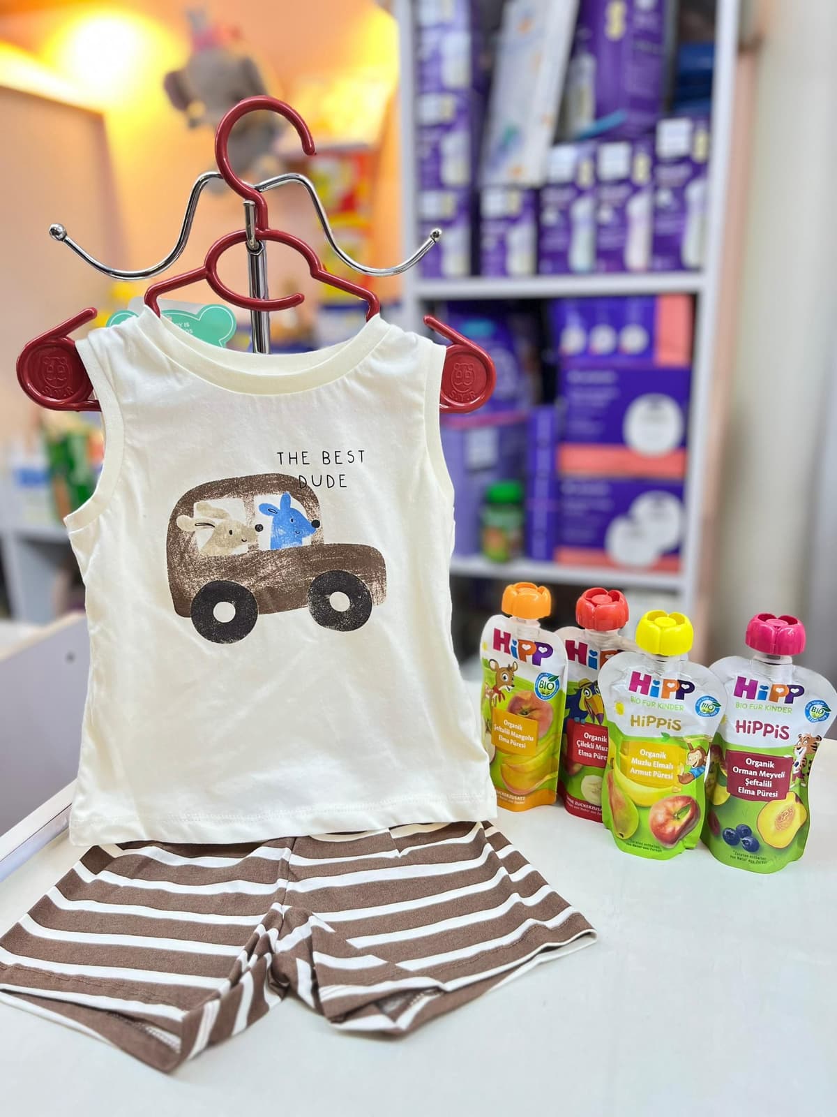 بجامة شورط بني وشوكو مخططة شاحنة6-9شهور