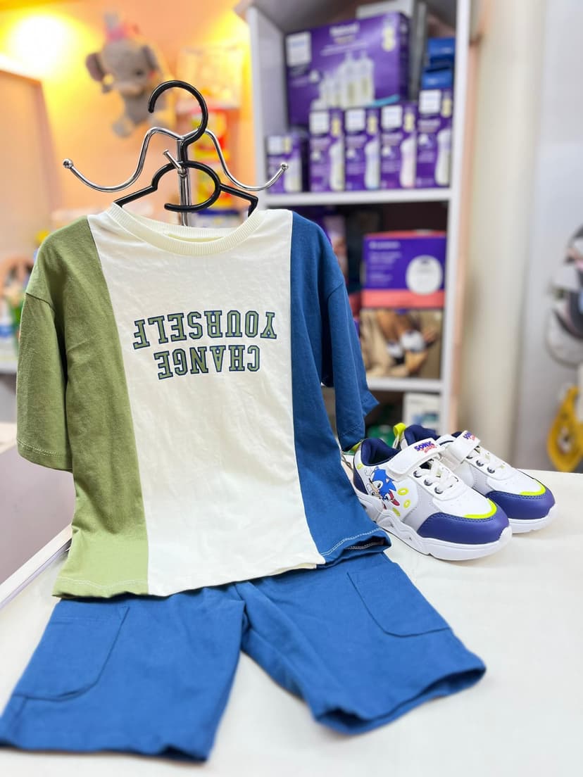 بجامة ازرق وخضيري وابيض شورط 24-36شهر