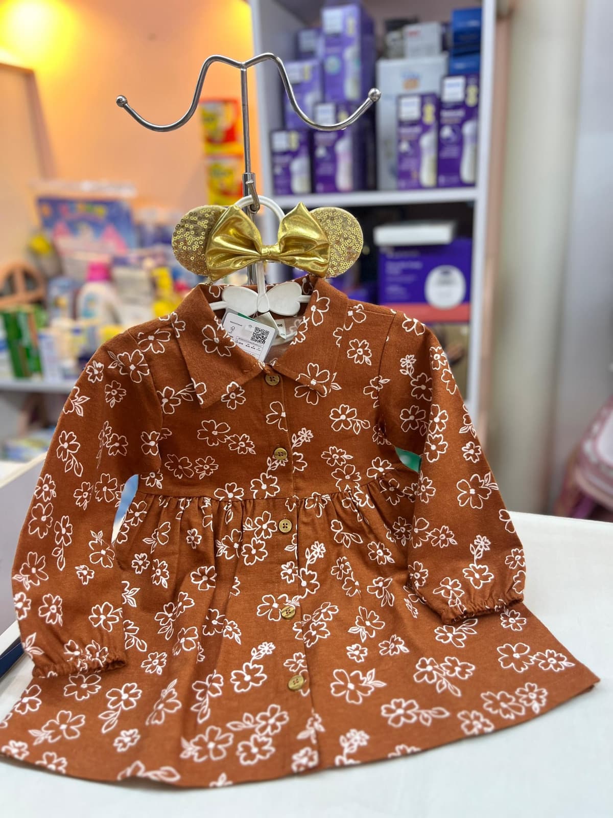 فستان بني وردات سكري 12-18شهر