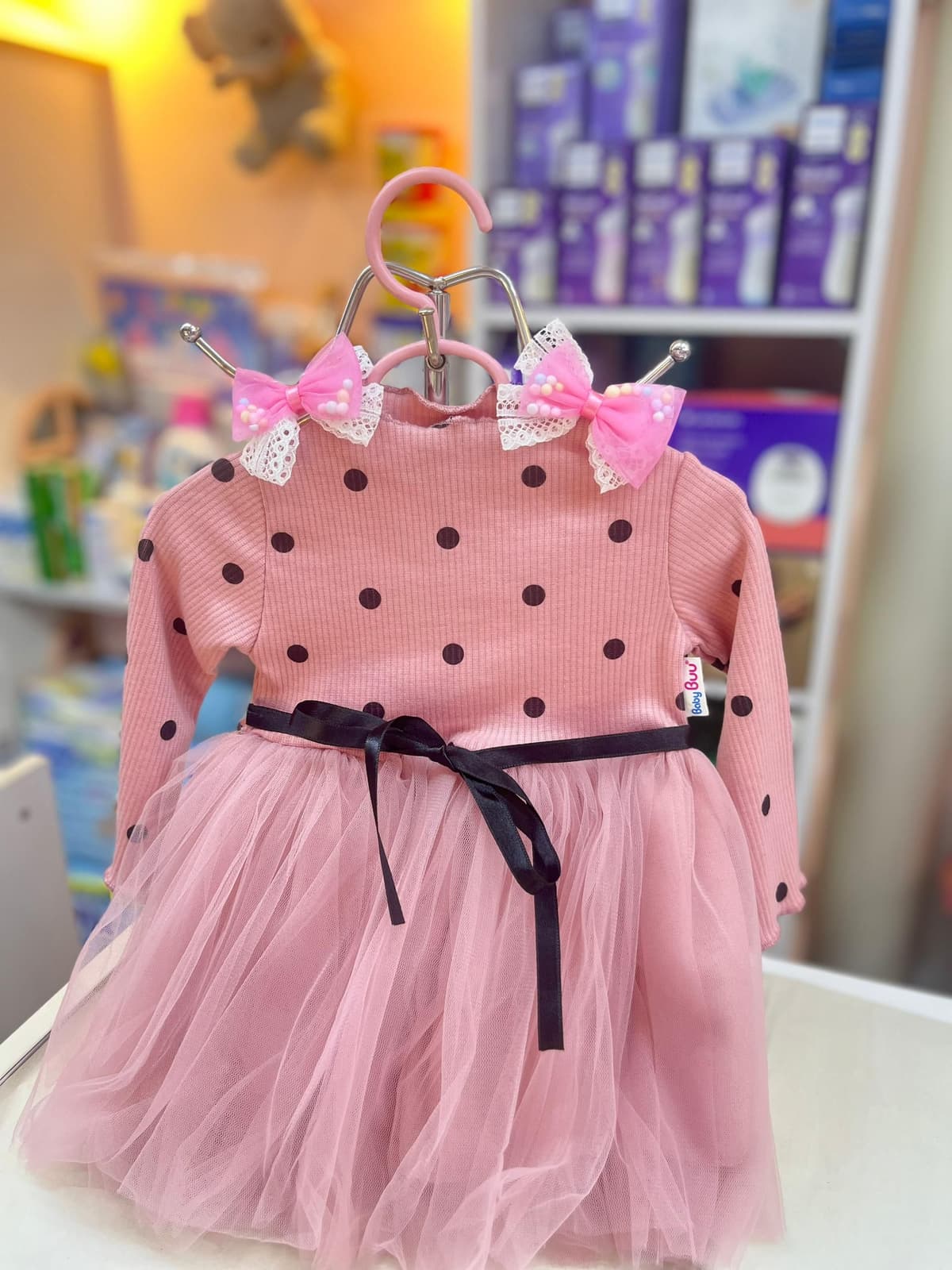 فستان زهر غامق منقط اسود مع تول 9شهور