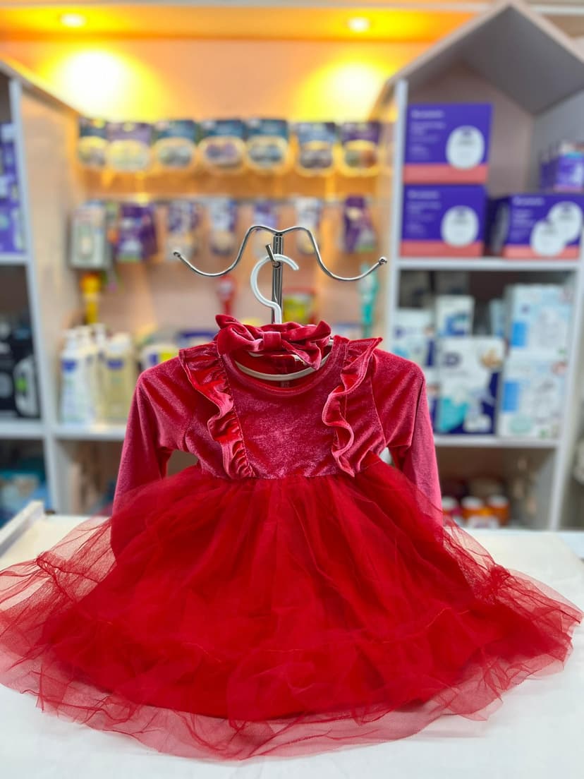 فستان احمر مخمل وتول 12-18شهر