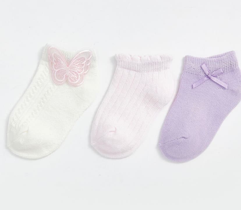 سيت 3جرابات بناتي ابيض فراشة وسومو سادة وموف ببيونة 5-6سنين