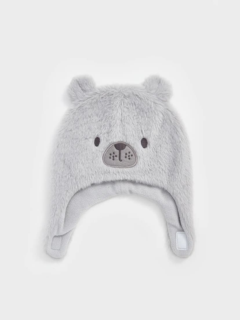 طاقية رمادي فرو دبدوب 3-6سنين